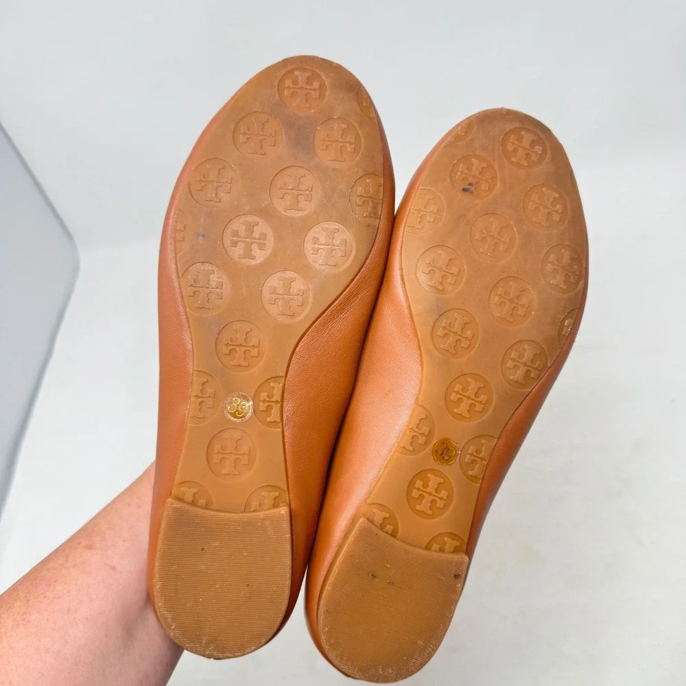 Tory Burch Minnie Travel Ballet Flats Brown 39 Gold Logo Leather Classic Shoes